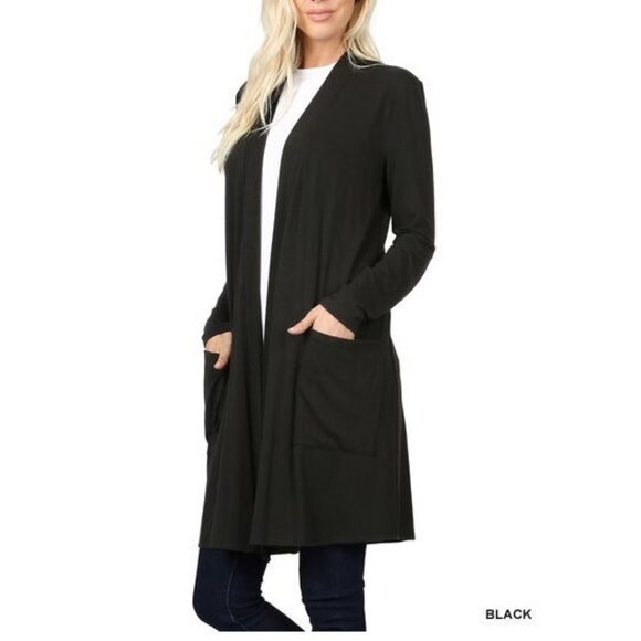 Zenana Outfitters Sweaters - #0297 Zenana Black Slouchy Pocket Open Front Longline Cardigan Sizes Small-XL